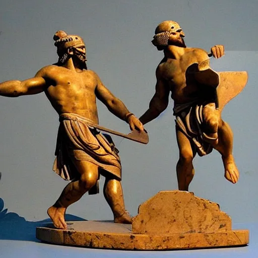 Image similar to ducks! fighting against greek warriors, ancient greek statue, epic, detailled