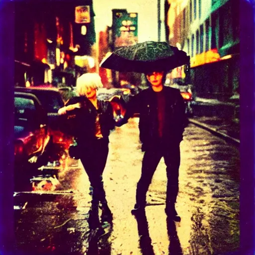 Image similar to polaroid of punks on the lower east side, colorful, nighttime, raining!