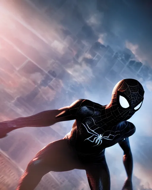 Image similar to photograph of a symbiote and spider - man hybrid, dslr, cinematic, volumetric lighting, 8 k resolution, photorealistic