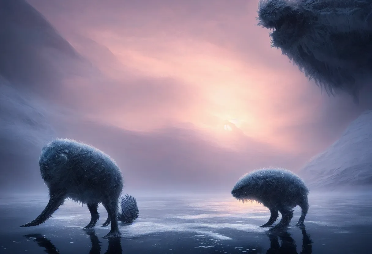 Image similar to strange sea animal emerging from surface of another frozen winter planet at sunset, ultra high definition, ultra detailed, symmetry, fog, matte painting, by greg rutkowski and ross tran and wlop