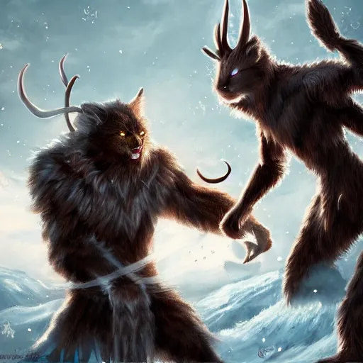 Image similar to a catperson facing off against a frost giant, fantasy art, 4 k