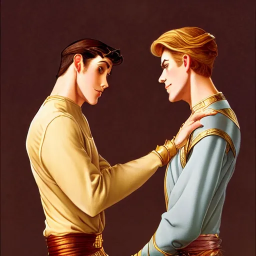 Image similar to attractive fully clothed king confesses his love for his attractive fully clothed male prince. highly detailed painting by glen keane and j. c. leyendecker 8 k