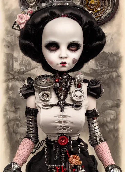 Image similar to highly detailed wide - angle portrait of a retro mechanical goth doll, nicoletta ceccoli, mark ryden, lostfish, earl nore, hyung tae, frank frazetta, global illumination, detailed and intricate environment