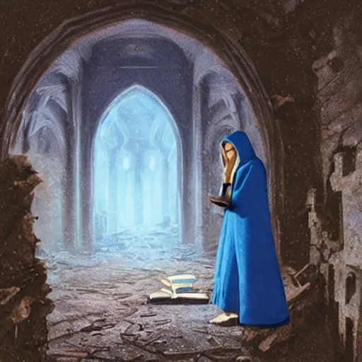 Image similar to A female wizard with brown hair wearing a blue hood and blue robe holding a book exploring an abandoned castle, art by greg rutkowski