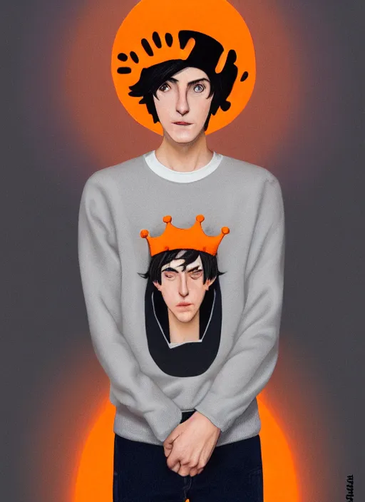 Image similar to portrait of teenage jughead jones wearing a light grey crown, symmetrical crown, sweater with picture of hamburger, eyes closed, crown, black hair, orange, intricate, elegant, glowing lights, warm lighting, highly detailed, digital painting, artstation, concept art, smooth, sharp focus, illustration, art by wlop, mars ravelo and greg rutkowski