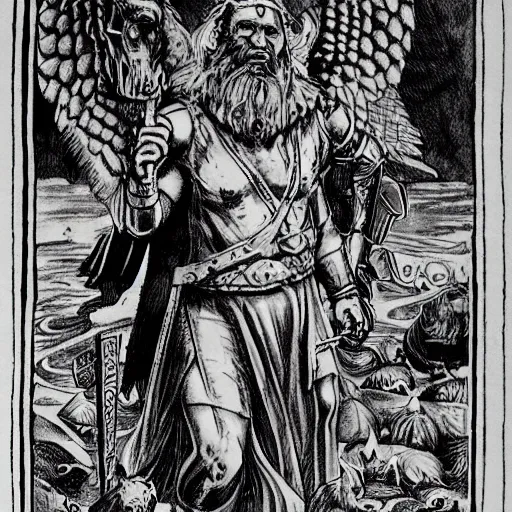 Image similar to odin with huggin and munning on his shoulders walking through the sea of death, followed by the valkyries. he is holding gungir in his right hand