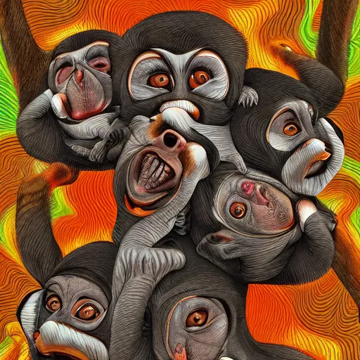 Image similar to little monkeys inside my head, digital art, hyper detailed