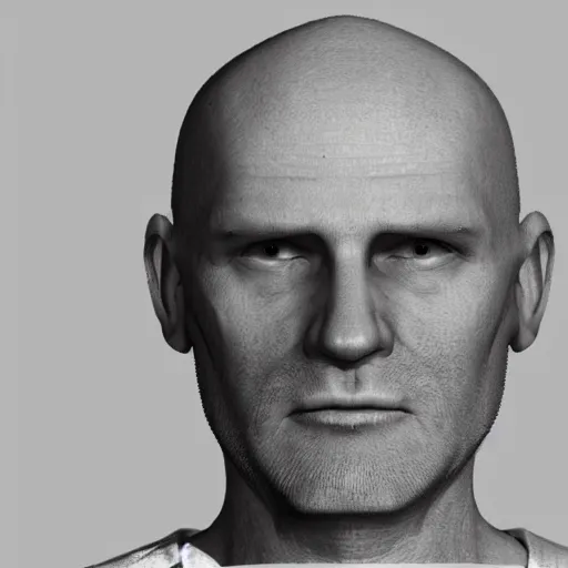 Prompt: A mugshot portrait of a middle aged older man who looks like Jerma985 with no hair and a goatee, wearing mid-1980s menswear in the late 2018, taken in the late 1980s, grainy, realistic, hyperrealistic, very realistic, highly detailed, very detailed, extremely detailed, detailed, trending on artstation, front facing, front view, headshot and bodyshot, detailed face, very detailed face