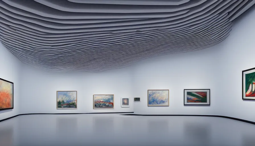 Prompt: interior futuristic art gallery wide angle highly detailed by santiago calatrava, many wall hanging paintings of art by monet, captivating 8 k hdr, octane render godrays hyperrealism