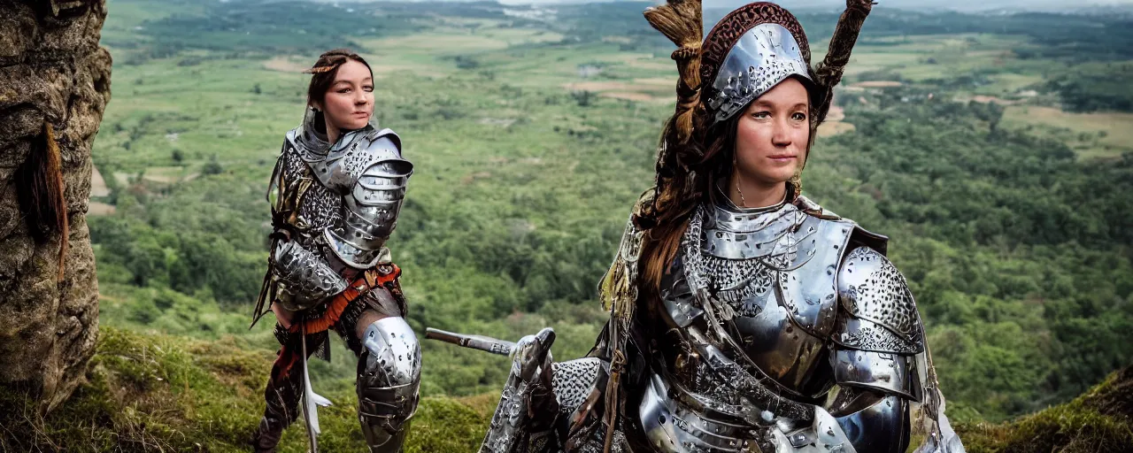 Image similar to https://www.tribality.com/wp-content/uploads/2016/01/ranger-scout.jpg photo of one beautiful medieval-female-scout in plated armor with green crystals who is watching over the countryside from a cliff, elegant, highly detailed, smooth, sharp focus, illustration, beautiful, geometric, trending on artstation, unreal engine, octane render, cinematic, artwork by WLOP