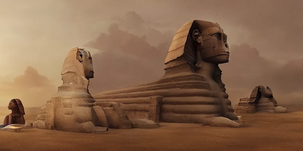 Image similar to 2 guardian sphinx looking at each other, greg rutkowski, 8 k, shallow depth of field, moody lighting, golden hour, ultra high detail, concept art,