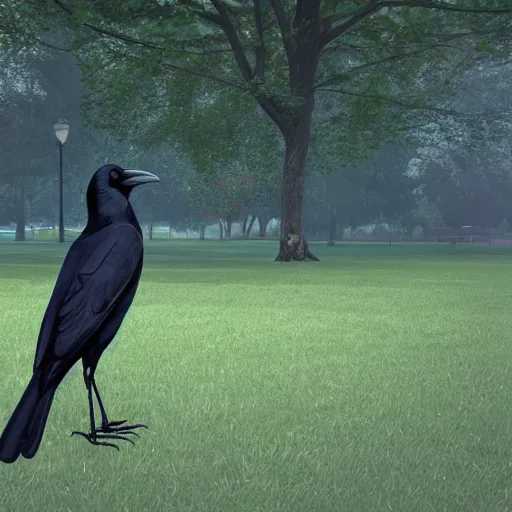 Prompt: a friendly crow in a park in a rainy day, digital painting, ultra detailed, unreal engine 5,