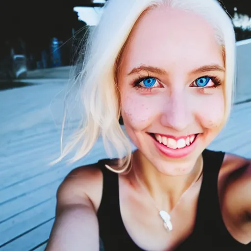 Image similar to beautiful selfie of a cute thin young woman smiling smugly, long light platinum blonde hair, flushed face, small heart - shaped face, cute freckles, light blue eyes, golden hour, 8 k, instagram