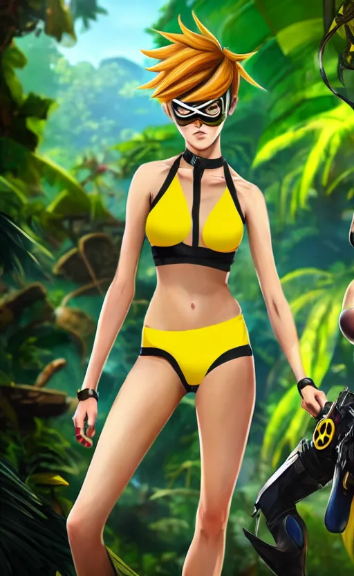 Image similar to tracer game character, in yellow bikini, blonde hair, black eyes, hands free, against the background of the jungle full height