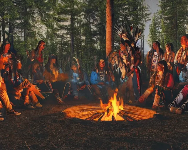Image similar to native american indian pow wow at campfire under cosmic sky, epic hyper realistic award winning photographic still