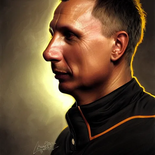 Image similar to 2010 portrait of hockey coach Igor Larionov, fantasy, intricate, elegant, highly detailed, digital painting, artstation, concept art, smooth, sharp focus, luxury fashion illustration, art by artgerm and greg rutkowski and alphonse mucha, brightly lit cinematic soft lighting, photorealistic