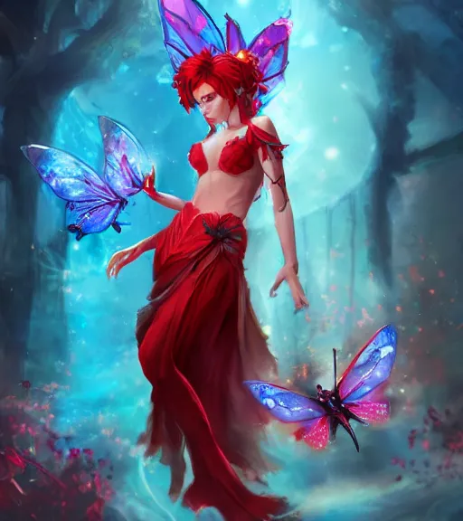 Prompt: an evil fairy in crimson dress surrounded by blue flaming butterflies, fantasy, character splash art, fighting pose, action pose, digital painting, WLOP, trending on artstation, 8k, epic composition, highly detailed, sharp focus