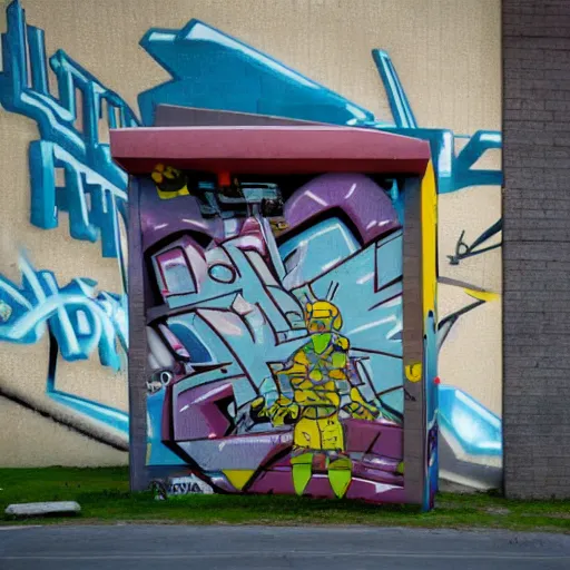 Prompt: A forerunner structure with an graffiti mural of a character. Photograph in the style of Simon stälenhag