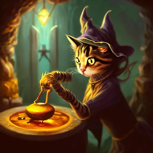 Image similar to Oil Painting of Cat Witch, Anthropomorphized, evil, brewing potion in witch Hut, magic the gathering artwork, horror, D&D, fantasy, cinematic lighting, centered, symmetrical, highly detailed, digital painting, artstation, concept art, smooth, sharp focus, illustration, volumetric lighting, epic Composition, 8k, art by Akihiko Yoshida and Greg Rutkowski and Craig Mullins, oil painting, cgsociety