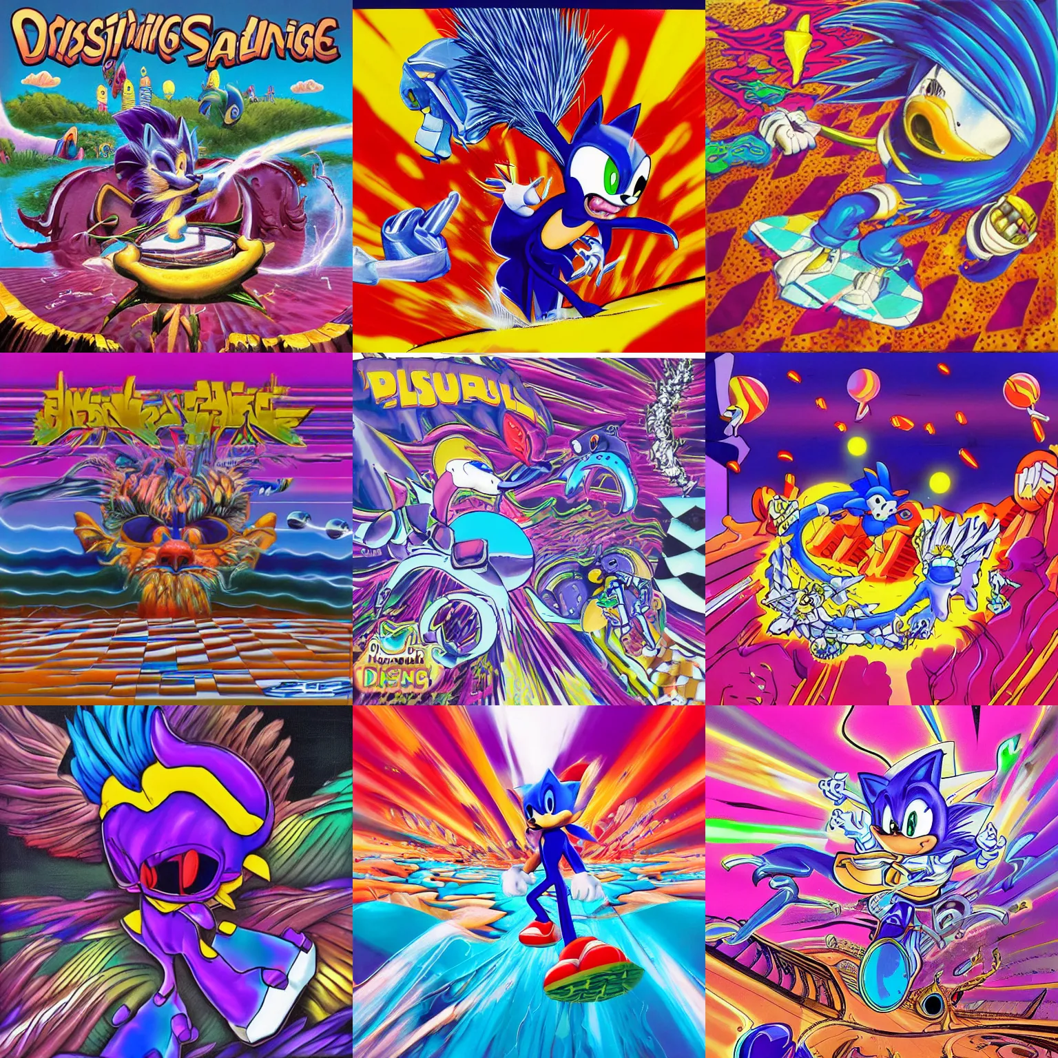 Prompt: surreal, sharp, detailed professional, high quality airbrush art MGMT album cover of a liquid dissolving LSD DMT blue sonic the hedgehog surfing through cyberspace, purple checkerboard background, 1980s 1983 arcade video game album cover