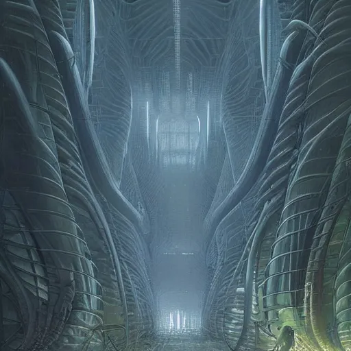 Prompt: epic alien jungle by zdzisław beksinski, greg rutkowski inside a giant futuristic factory by zaha hadid