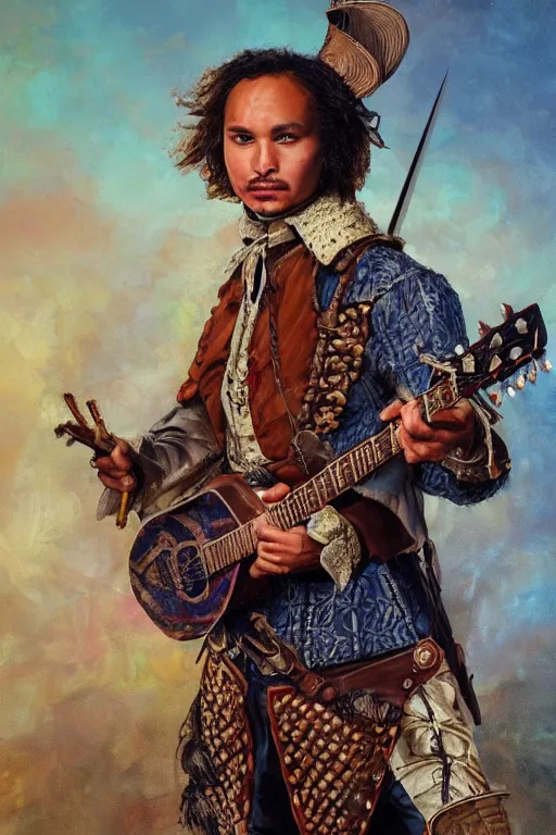 Image similar to a highly detailed portrait of frank dillane as a musketeer with a guitar, intricate, digital painting, old english, colorful, seductive, whimsical background by marc simonetti, artwork by liam wong