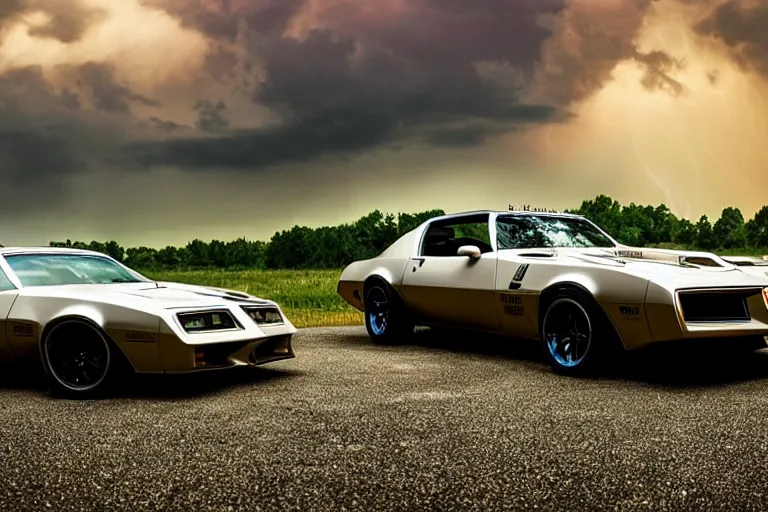 Image similar to pontiac firebird trans - am with black paint, sunrise, eerie light, fireflies, dog watching the car, dramatic, cinematic, forest, horror, sunbeams, volumetric lighting, wide shot, low angle, lightning storm hitting the car, ground cracking open to reveal a portal to hell