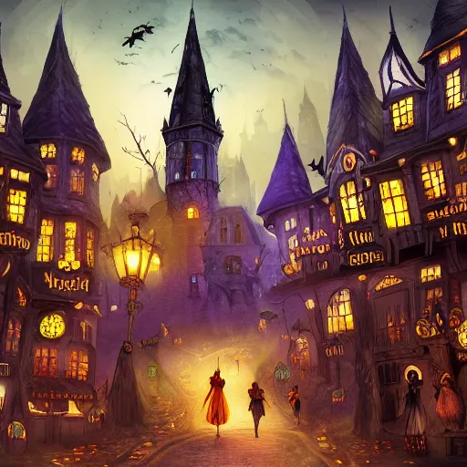 Prompt: A bustling magical town with witches flying on their broom inspired by Victorian England and Amsterdam and Halloween Town from The Nightmare Before Christmas, concept art, matte painting, trending on art station, ultra high quality, masterpiece