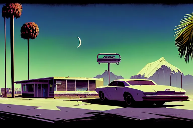 Image similar to broken robot | abandoned motel | palm trees | snowy mountains | moon in sky, painting by syd mead and weta studio and greg rutkowski and james jean and frank frazetta, gta san - andreas game screenshot, highly detailed, rule of third, soft lighting, architectural magazine, insanely intricate details, artstation trending, hypermaximalistic, high details, cinematic