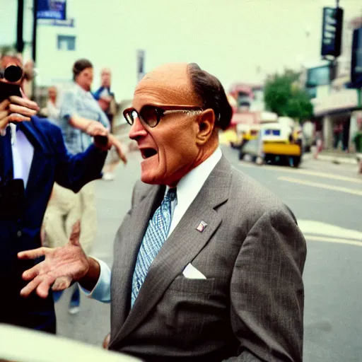Image similar to Rudy Giuliani trying to ask someone for directions. Confused, sweaty, delirious and unhinged. CineStill.