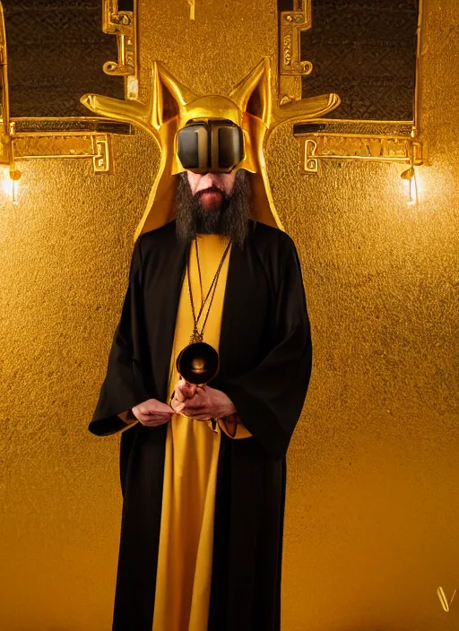 Image similar to orthodox priest in golden clothes with cute caracal head, wearing vr, in orthodox church, orthodox icons, volumetric lighting, night, darkness, atmospheric, ambients, dramatic, noir, blur, bokeh, cinematic, depth of field, 8 0 mm, f 1. 8