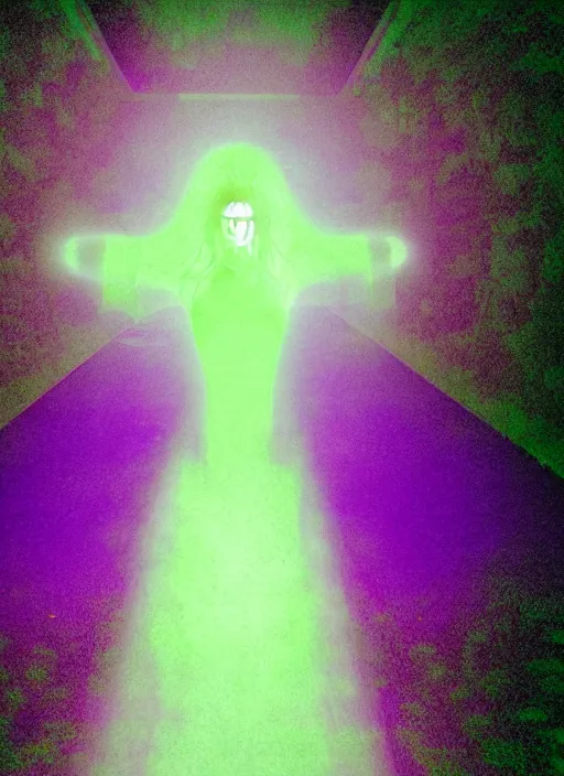 Image similar to a symmetrical female silhouette walking, astral projection, green purple glowing aura, out of body experience, film grain, cinematic lighting, experimental film