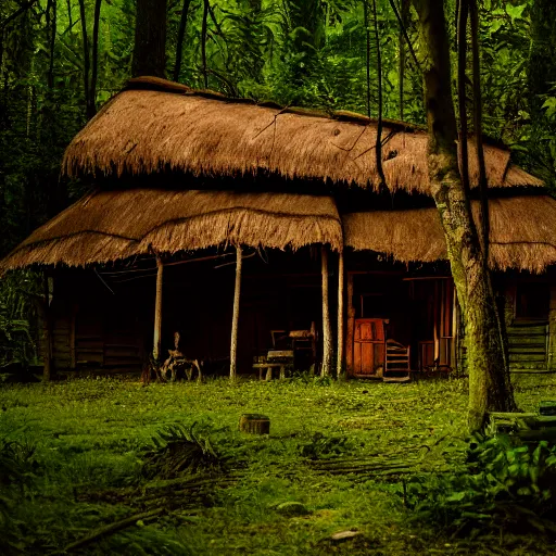 Image similar to a cinematic movie shot of a rustic multi-story ramshackle hut in the magical forest