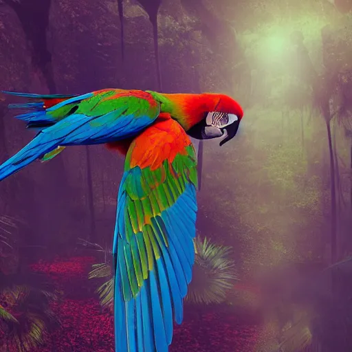 Prompt: gorgeous macaws flying at dawn through the forest get hit by beautiful light, amazon in the background, sentient bird, highly detailed, ethereal macaw, heavenly lighting, digital art, trending on art station