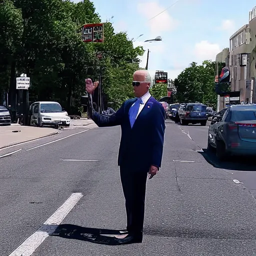 Prompt: dashcam footage of joe biden doing standing in the middle of the street