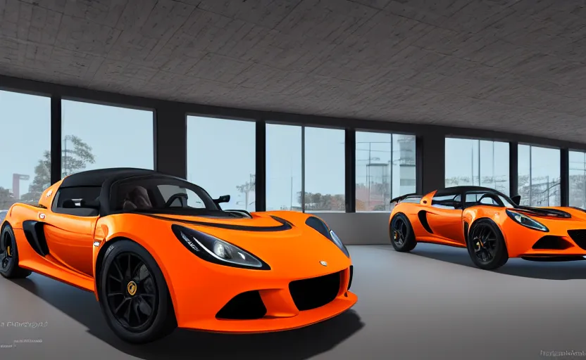 Image similar to futuristic lotus exige ( ( orange ) ) parked within interior view of futuristic auto showroom ( ( frank lloyd wright ) ) luminescent concept art, unreal engine 5, artstation highly detailed, digital art, 8 k hdr, soft lighting, hyperrealistic, godrays