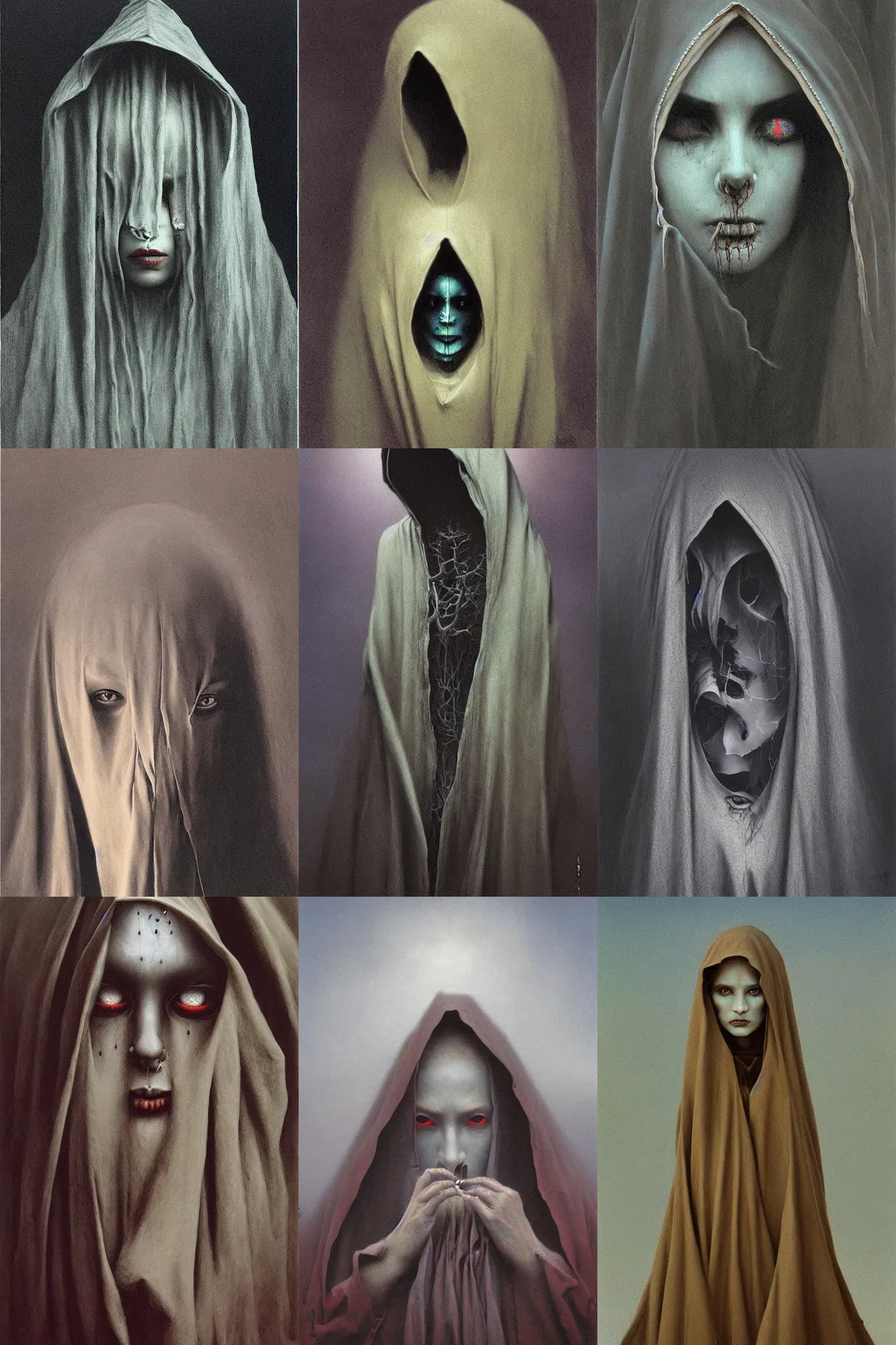 Prompt: Beksiński painting of shadowy gothic hooded lady with septum piercing