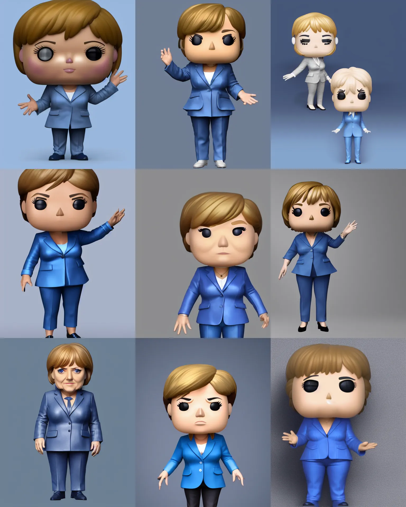 Prompt: full body 3d render of angela merkel as a funko pop!, studio lighting, grey background, blue suit, single person, no shadow, blender, trending on artstation, 8k, highly detailed