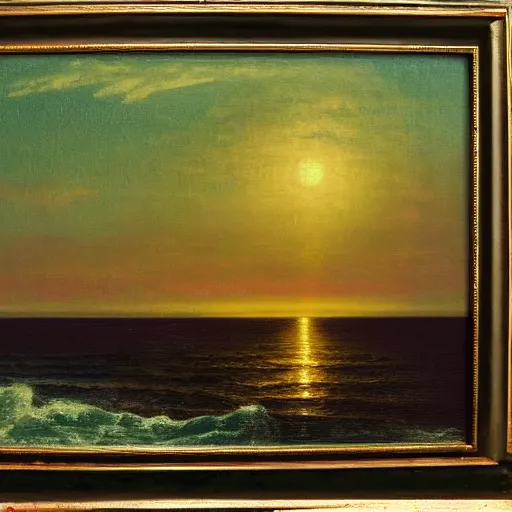 Prompt: bp oil spill in the gulf of mexico in the style of hudson river school of art, oil on canvas