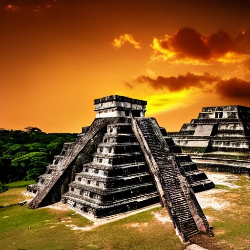 Prompt: sunset over the ruins of the Mayan pyramids, epic, high contrast, sharp focus, landscape