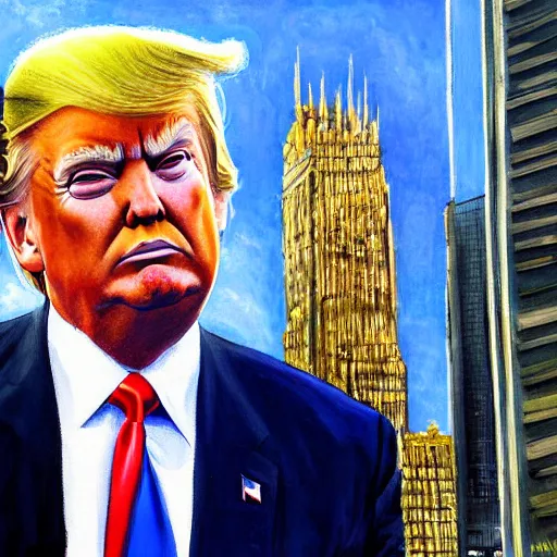 Prompt: a painting of donald trump in front of trump tower by bekinski and by john howe