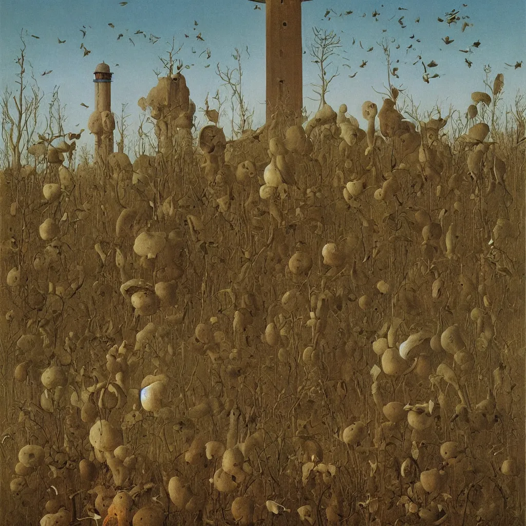 Prompt: a single colorful! fungus bird tower white! clear empty sky, a high contrast!! ultradetailed photorealistic painting by franz sedlacek, jan van eyck, rene magritte, hard lighting, masterpiece
