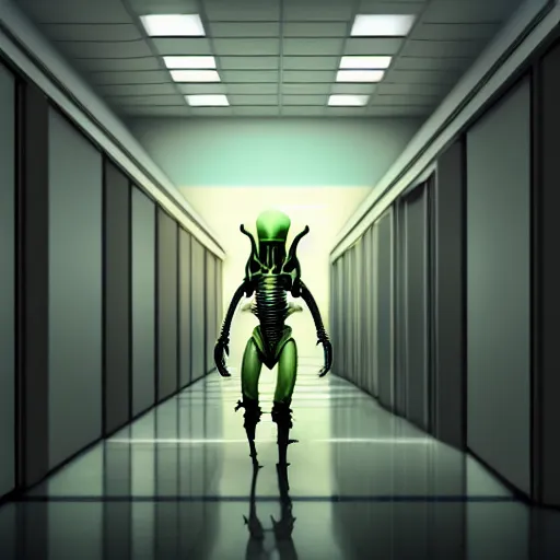 Image similar to xenomorph in endless empty office building with monoyellow walls, brown carpet, defective fluorescent lighting, artstation, ultra detailed, creepy, photorealistic, nostalgia