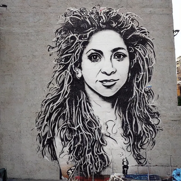 Image similar to Detailed street-art portrait of Shakira Isabel Mebarak Ripoll in style of Banksy