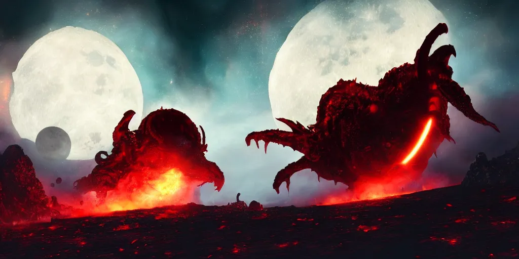 Prompt: giant <Cthulhu> silhouetted lunar surface crushing attacking red spaceship fighter with explosion, photorealistic, wide-angle, long shot, epic, space, lunar backdrop