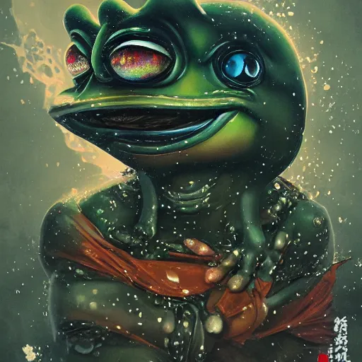 Image similar to plasticine wet shiny angles, crystal, moonlit, mirrors, camera angled dramatically, realistic hyperdetailed design of pepe the frog meme, ferocious, chinese mythology, victo nga, fumo yoshitoshi, ren jing jeong, feifei ruan, peter mohrbacher, takato yamamoto