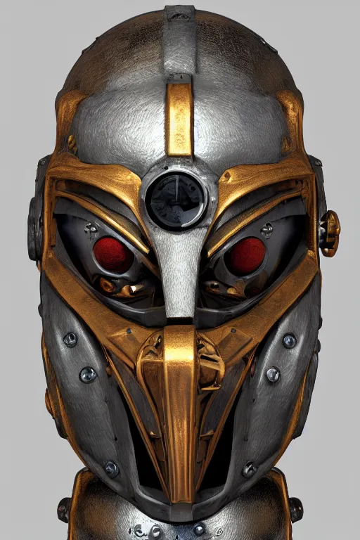 Image similar to steampunk mask minimalist fantasy art robot ninja helmet, global illumination ray tracing hdr fanart arstation by sung choi and eric pfeiffer and gabriel garza and casper konefal radiating a glowing aura