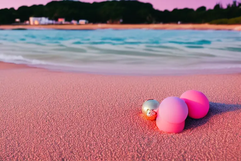 Image similar to a vintage family holiday photo fuji kodak of an empty beach shore with pastel pink sand reflective metallic water and sunbathing equipment at dusk.