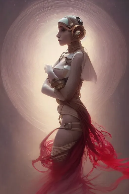 Image similar to portrait of cyberpunk woman, dark fantasy, gradient white red grey, dreamy and ethereal, brown eyes, golden ratio, peaceful expression, ornate frilly dress, fantasy, intricate, elegant, clouds and wind, highly detailed, digital painting, artstation, concept art, smooth, b sharp focus, illustration, art by artgerm and greg rutkowski and alphonse mucha