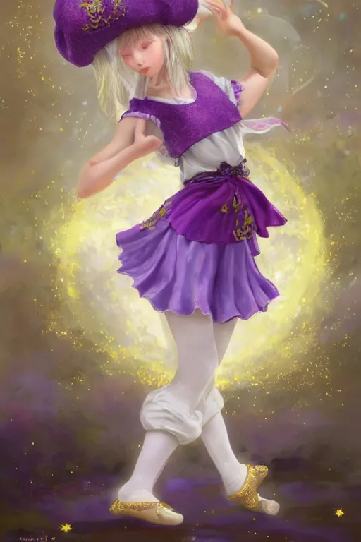 Image similar to Full View fairy maiden with short blond hair wearing an oversized purple Beret, Baggy Purple overall shorts, Short Puffy pants made of silk, silk shoes, a big billowy scarf, Golden Ribbon, and white leggings Covered in stars. covered in embroidery. Short Hair. peasant magic. Rhythmic gymnastics poses. masterpiece 4k digital illustration by Ruan Jia and Mandy Jurgens and Artgerm and william-adolphe bouguereau and greg rutkowski , award winning, Artstation, art nouveau aesthetic, Alphonse Mucha background, intricate details, realistic, panoramic view, Hyperdetailed, 8k resolution, intricate art nouveau